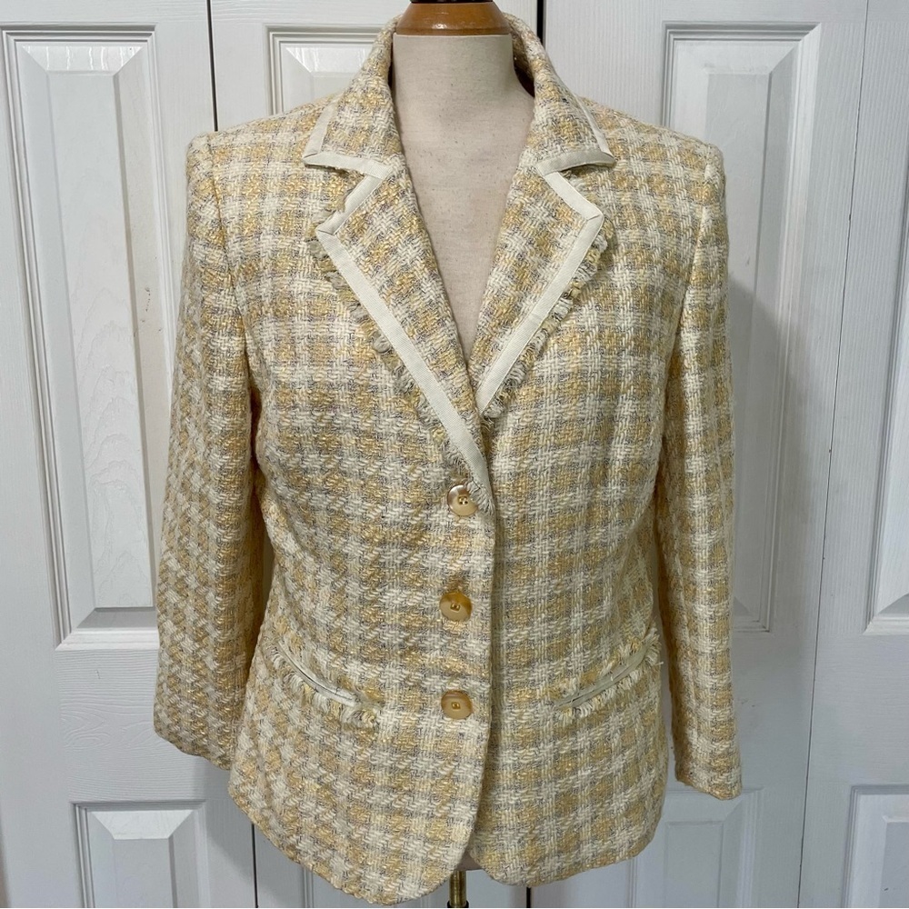 Vintage Tweed Amanda Smith Women's Cream Plaid Blazer Size 14 W